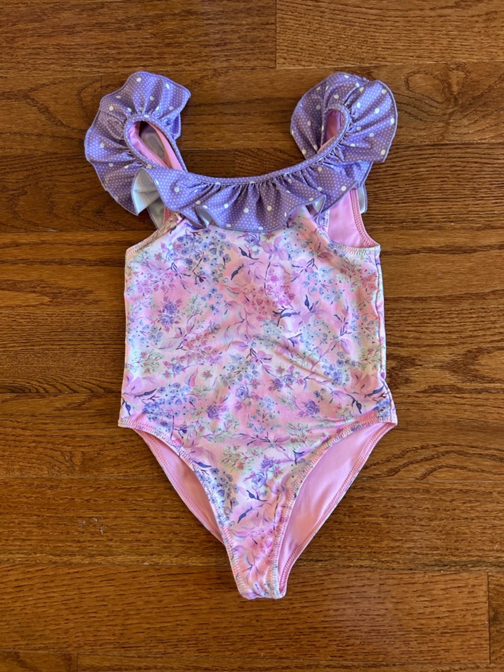 Girls’ Loveshack Fancy Floral One-Piece Swimsuit with Purple Ruffle